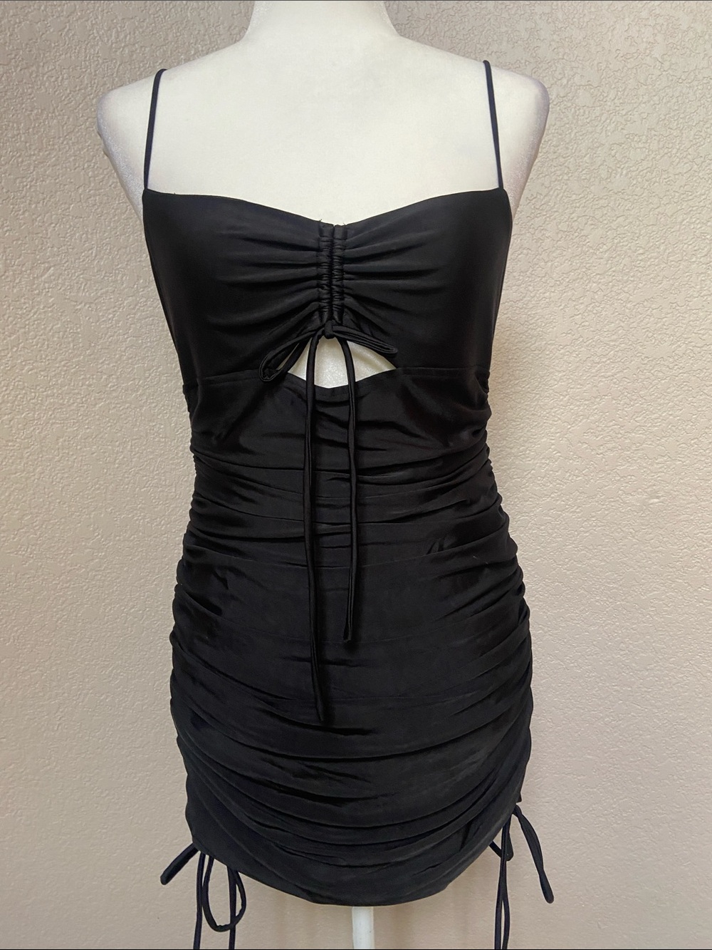 Black Ruched Cutout Mini Dress - Women. Fiestar brand, size L